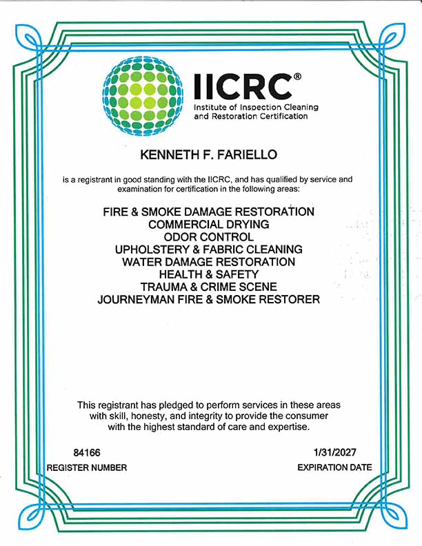 Kenny Fariello IICRC Certification Bulovas Restoration